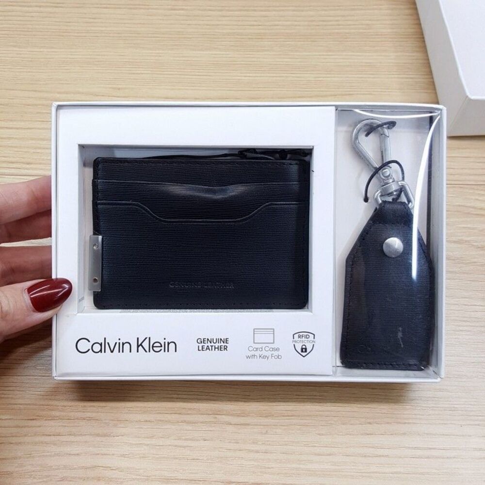 CALVIN KLEIN Mens Wallet Black Leather Card Case Keychain Key Fob